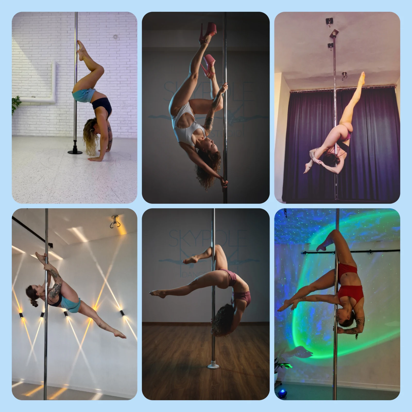 Kolaż sześciu zdjęć z treningów pole dance